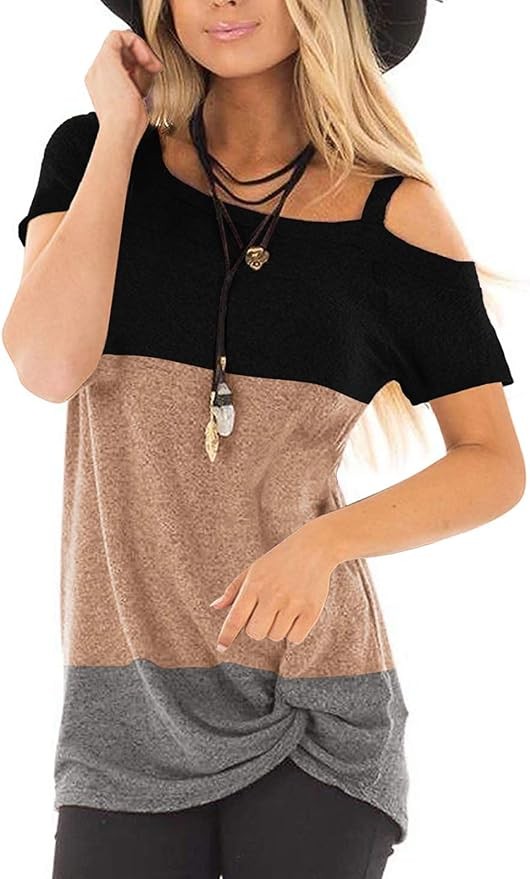 TEMOFON Women Cold Shoulder Tops: Summer Short Sleeve Shirts Casual Twist Knot Blouse T-Shirt S-2XL