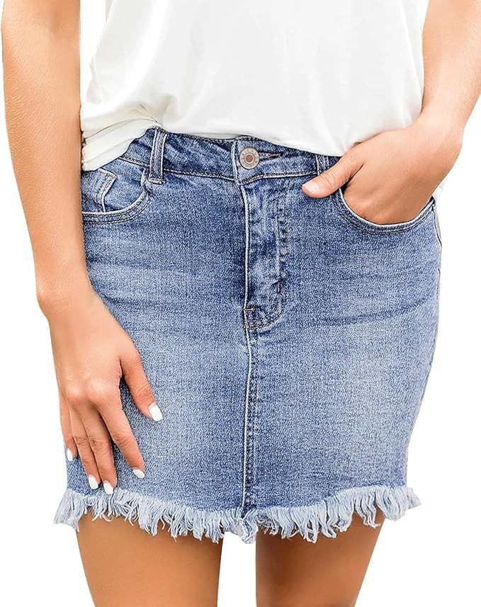 luvamia Women's Casual Mid Waisted Washed Frayed Pockets Denim Jean Short Skirt