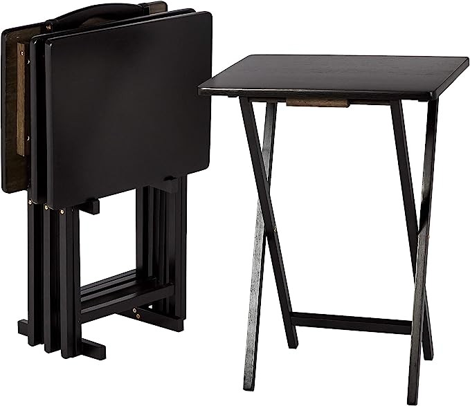 AmazonBasics Classic TV Dinner/Snack Table Set - 4 Tables with 1 Holding Rack - Black