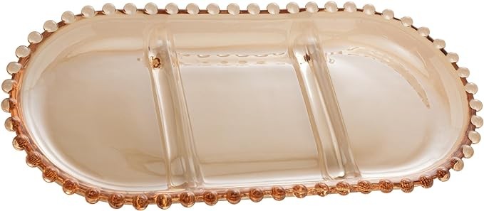 WOLFF - Oval Crystal Serving Plate - Pearl Beaded Details, Divided Platter Dish, Sectional Tray for Snacks, Appetizer, Nuts or Sweets - Hosting Luxury Glasswear, Decorative Dinner Accessories - Amber