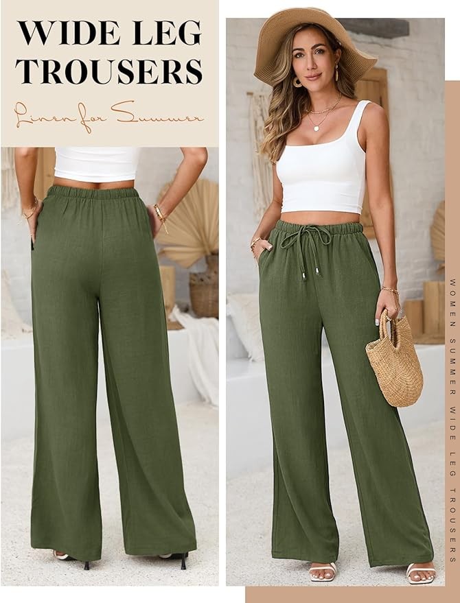 Jyanl Womens Linen Pants Casual Wide Leg Pants Summer Palazzo Pants Loose Flowy Beach Pants Drawstring Elastic Trousers