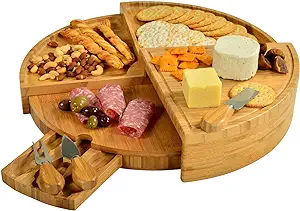 Picnic at Ascot Patented Bamboo Cheese/Charcuterie Board with Knife Set-Stores as a Compact Wedge-Opens to 18" Diameter-Designed & Quality Checked in USA