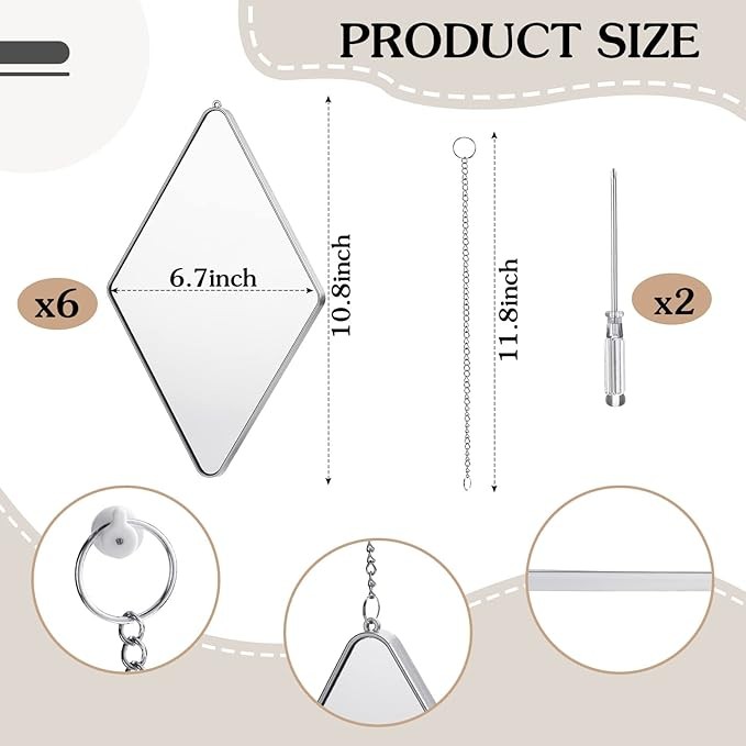 6 Pack Mirror Wall Decor Set with 2 Screwdriver Diamond Hanging Wall Mirror with Chain Silver Frame Decorative Chain Mirror for Home Living Room Entryways Bathroom Farmhouse Wall Decor, 10.8x6.7inches