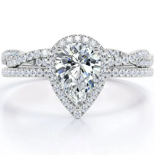 JeenMata 1.25 Carat pear cut Moissanite and Diamond Halo Bridal Wedding Ring Set in 10k White Gold