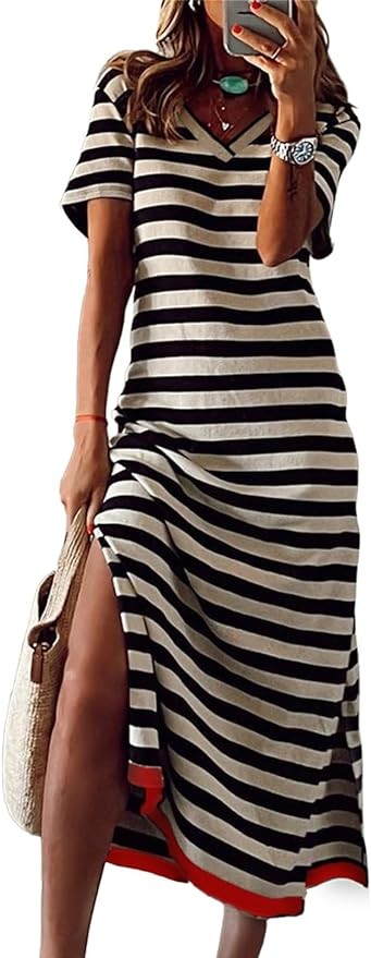 Dokotoo Summer Dress Casual Womens Fashion Short Sleeve Maxi Dress T Shirt Dress Striped Long Color Block Maxi Dress