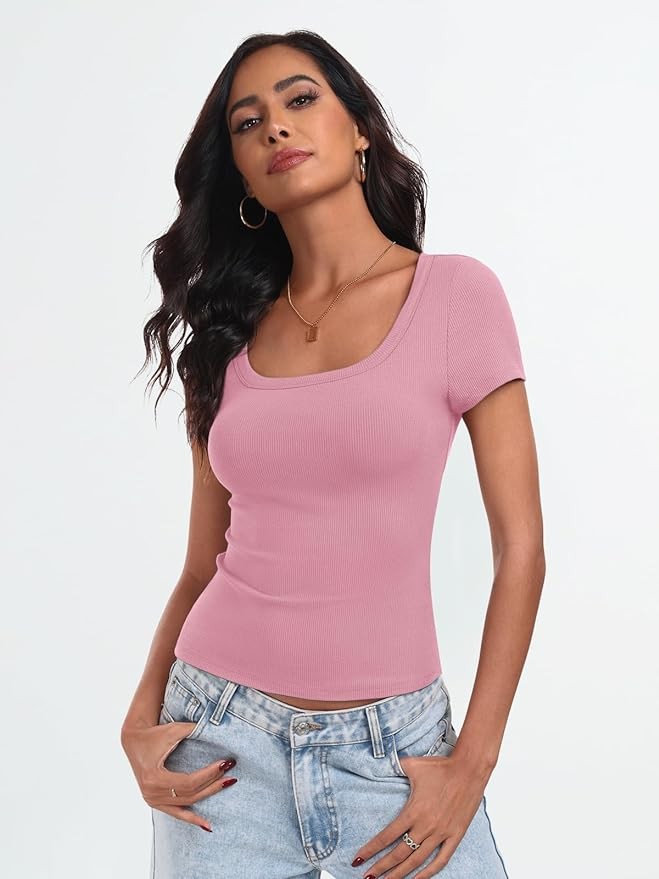 Trendy Queen Womens Tshirts Scoop Neck Ribbed Knit Going Out Crop Basic Spring Summer Outfits Tops Fashion Clothes