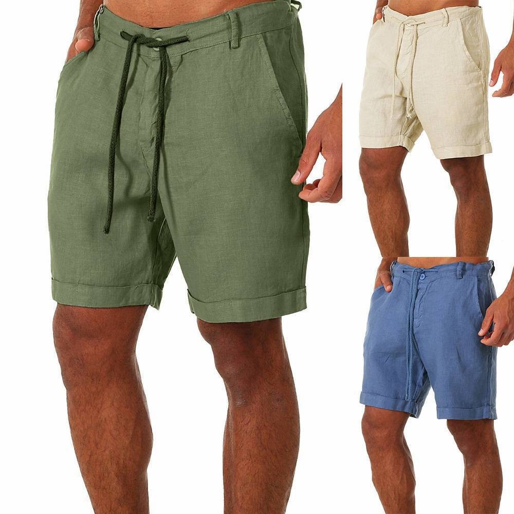 Mens Cotton Linen Shorts Elastic Waist Drawstring Summer Casual Loose Half Pants