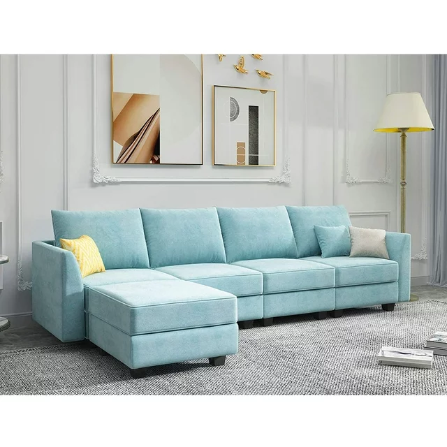 HONBAY Reversible Sectional Sofa L Shaped Convertible Couch with Storage, Aqua Blue
