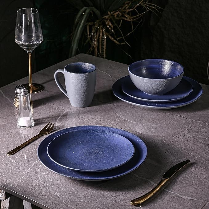 Larinest 16-Piece Dinnerware Sets,plates and bowls sets,Plates,Bowls and Mugs,Service for 4,Microwave and Dishwasher Safe,Porcelain Chip and Scratch Resistant,Blue