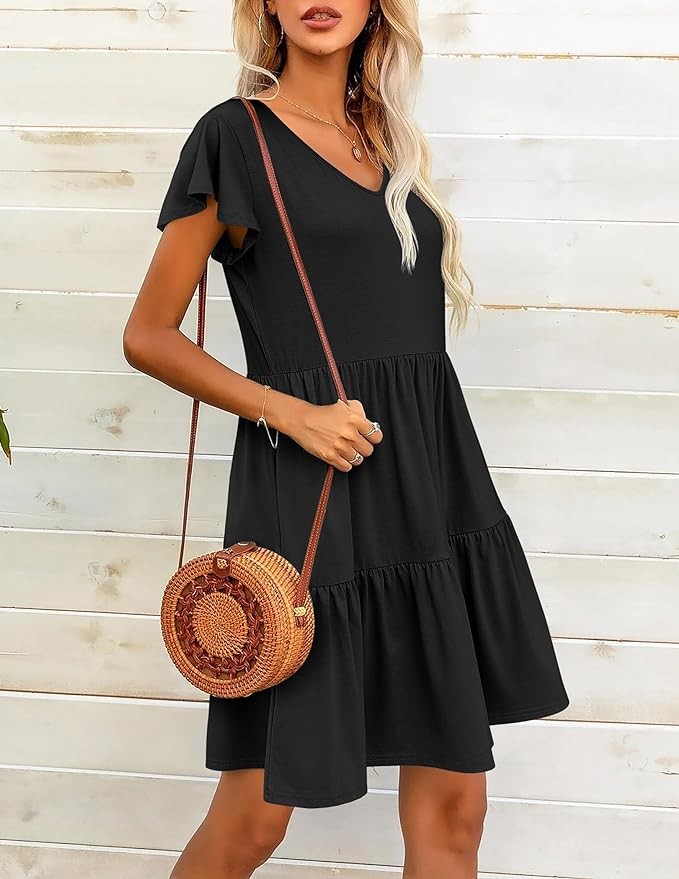 HOTOUCH Women's Casual Tiered Dress with Pockets V Neck Ruffle Dress Cap Sleeve Swing Mini Dress A-Line Dresses