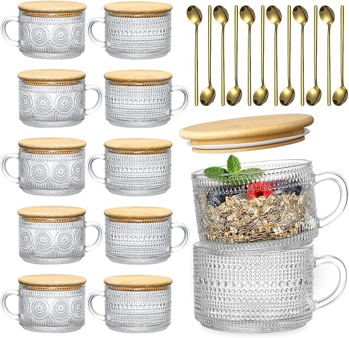 LANDNEOO 12pcs Set Irish Coffee Glasses, Vintage Coffee Mugs, Overnight Oats Containers with Bamboo Lids and Spoons - 14oz Clear Embossed Glass Cups, Cute Coffee Bar Accessories, Iced Coffee Glasses