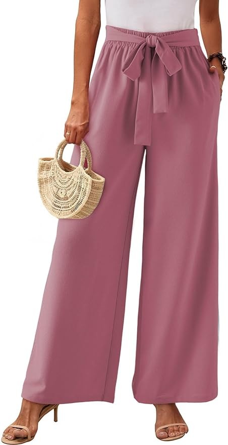Dokotoo Womens High Waist Wide Leg Pants Flowy Casual Loose Spring Summer Solid Trousers with Pocket