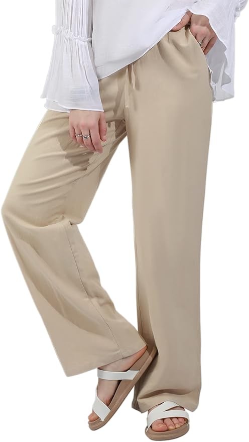 utcoco Women's Cotton Linen Drawstring High Waisted Pants Casual Loose Fit Wide Leg Trousers