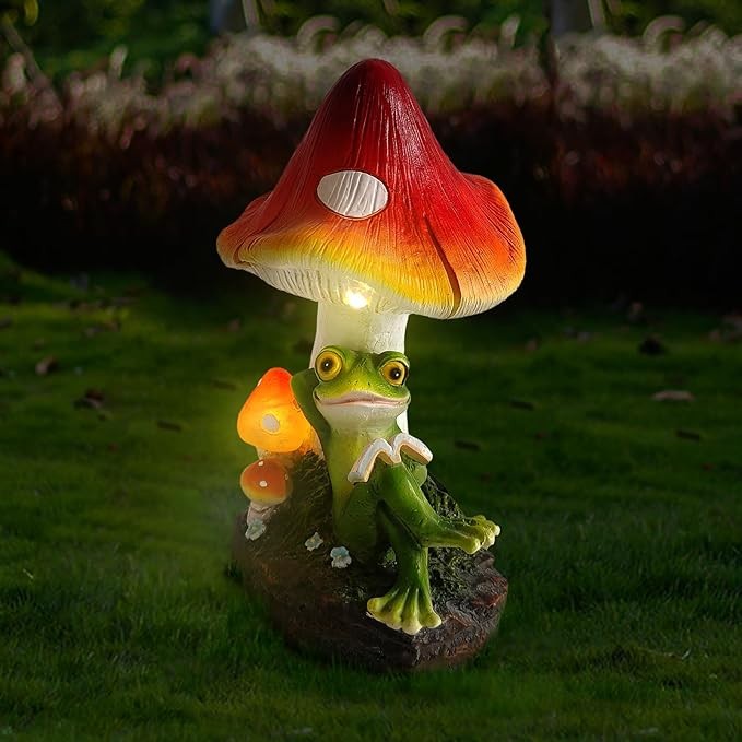 AOC Solar Outdoor Garden Statue, Resin Mushroom Frog Reding Book Sculpture with LED Figurine Lights for Patio Yard Decor, Spring Home Garden Decor