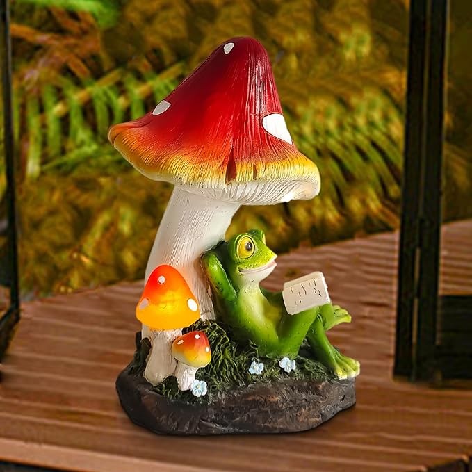 AOC Solar Outdoor Garden Statue, Resin Mushroom Frog Reding Book Sculpture with LED Figurine Lights for Patio Yard Decor, Spring Home Garden Deco