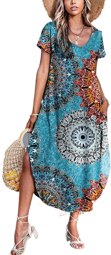 Ekouaer Nightgowns for Women V Neck Nightshirts Short Sleeve Soft Sleepwear Side Split Pockets Long Nightdress S-3XL